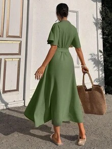 EURMUSE Ruffle Sleeve Crew-Neck Buttoned Maxi Dress With Shell Belt - Army Green - View 2