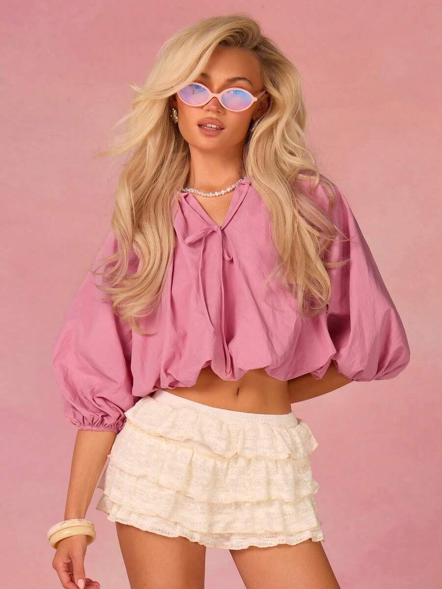 Athîral Women's Casual Vacation 7/8 Sleeve Woven Raglan Sleeve Pink Blouse, Spring/Summer - Pink - View 1