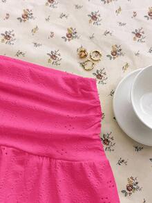 少女款玫红色针织休闲镂空褶皱A字迷你裙，夏季百搭 - 玫紅色 - 查看 4