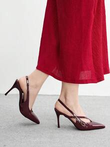 CUCCOO BIZCHIC 女士性感尖头交叉绑带搭扣高跟凉鞋，时尚露跟细高跟鞋，适合夜店派对，春夏款 - 酒紅色 - 查看 5