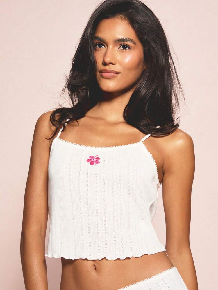 MISSGUIDED White Pointelle Cami And Hot Pants Pajama Set With Pink Floral Embroidery Scalloped Trim Summer Nightwear Sleepwear Lounge Set