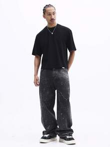 SUMWON 男士宽松圆领短袖T恤，背面印有红色文字，休闲纯棉黑色T恤 - 黑色 - 查看 3