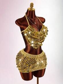 Amplova Women's Halter Backless Sequin Tassel Crop Top And Sequin Embroidered Gold Mini Skirt Set - Gold - View 4