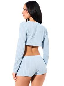 SUMWON WOMEN Women's Long Sleeve Ribbed Knit Cardigan And Shorts Lounge Co-Ord Set With Button Through Front - Baby Blue - View 2