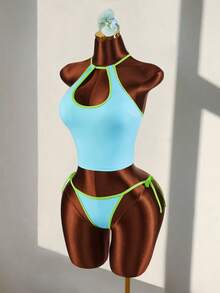 Amplova Bộ đồ bơi 2 món gợi cảm, khoét rỗng, phối màu tương phản, gồm áo crop top và quần bikini mini, thích hợp cho kỳ nghỉ biển. - Nhiều màu - Xem 4