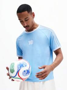 SUMWON Men Slim Fit Light Blue Crew Neck Short Sleeve Raglan Ringer T-Shirt With White Number 10 Chest Print Summer Casual Top - Blue - View 1