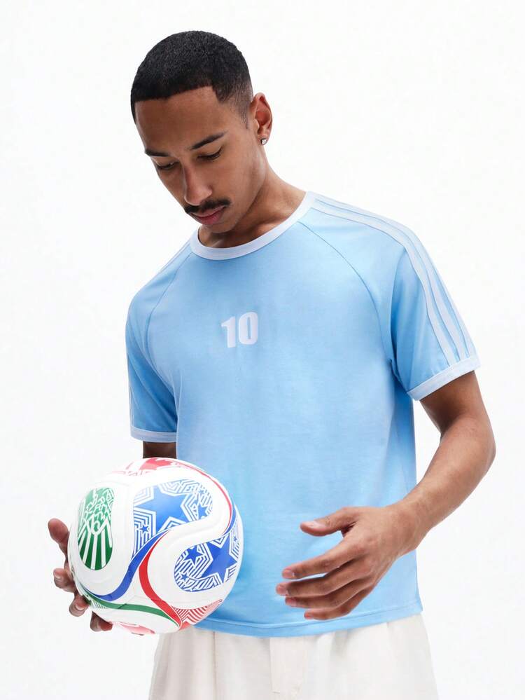 SUMWON Men Slim Fit Light Blue Crew Neck Short Sleeve Raglan Ringer T-Shirt With White Number 10 Chest Print Summer Casual Top