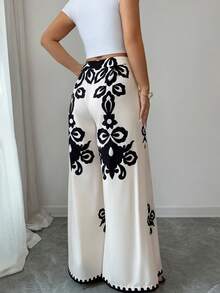 SHEIN Elenzya Pantalones anchos estampados para mujer, elegantes, casuales para vacaciones, viajes, moda, citas, estilo francés retro, versátiles para primavera y verano, con estampado en color negro sobre base color albaricoque, nuevos pantalones anchos - Multicolor - Ver 2