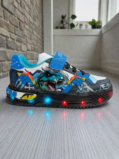 Tenis Niños Dinosaurio Luces Comodo Azules Focos Antiderrapantes Agujetas Pegol Modernos Cualquier ocasión fiesta casual