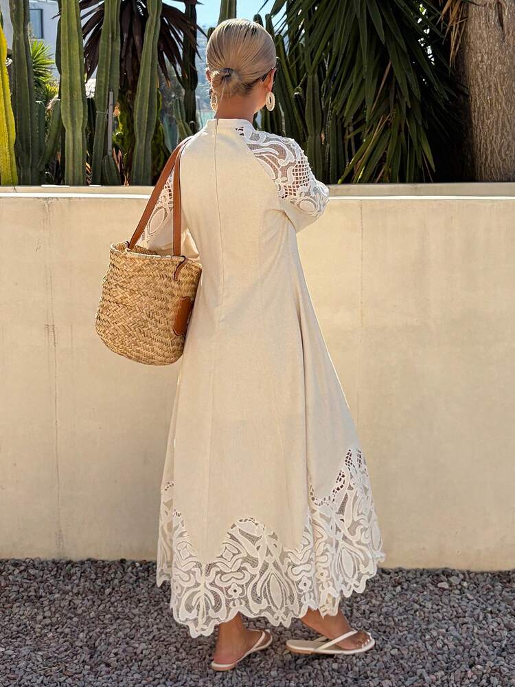 Lace Patchwork Hollow Out Waist Cinching Long Sleeve Maxi Elegant Formal Summer Dress For Women