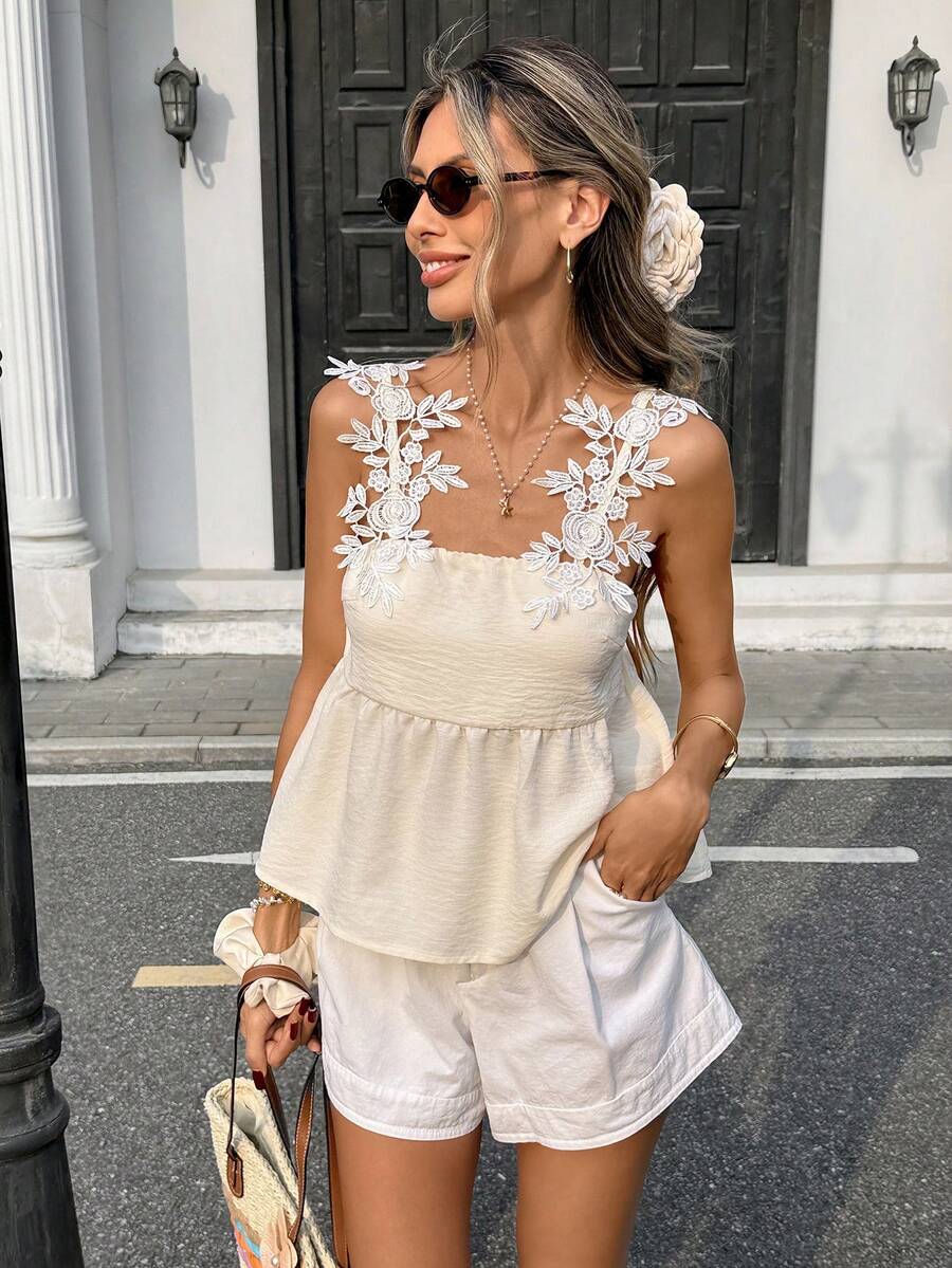 SHEIN PariChic French Cream-Apricot Tank Top With 3D Rose Lace Shoulder Sleeves,Ruffled Hem Babydoll Tops,Blue And White Stripe,Summer,Elegant,Tea Party,Holiday - Apricot - View 1
