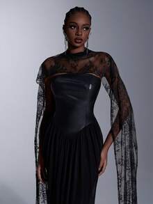 Elitara Robe élégante, luxueuse et polyvalente en patchwork , maille élastique, dentelle et froncée, avec manches amovibles à sequins et ourlet en queue de poisson. Convient pour les mariages, les fêtes, les vacances, les galas et les événements formels - Noir - Voir 4