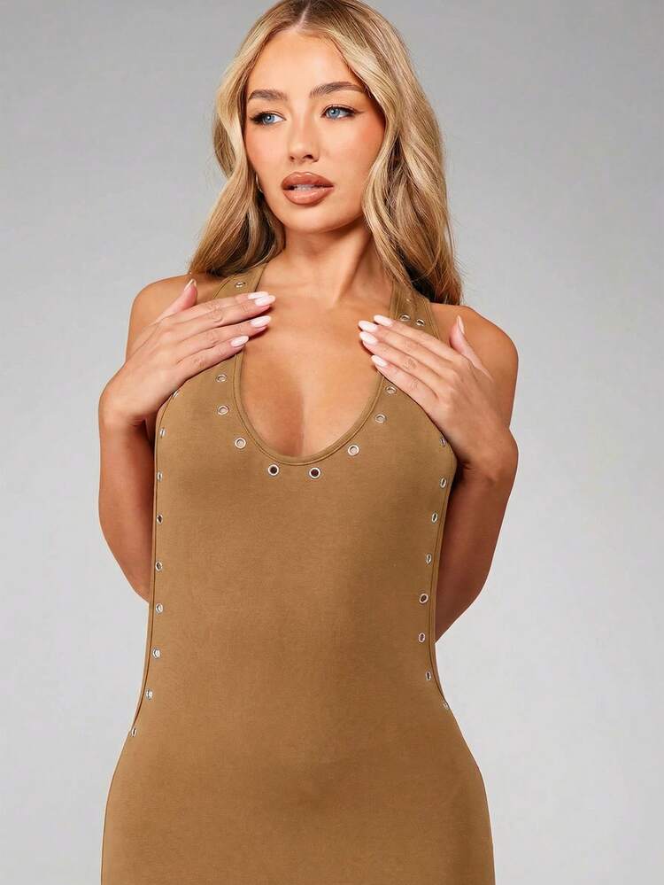 MISSGUIDED スクープネック マキシドレス アイレット ディテール リブ ボディコン フロアレングス イブニングドレス