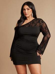 SHEIN BAE Plus Size Lace Patchwork Short Dress With Long Sleeves,Black,Autumn,Elegant,Formal,Evening,Night Out Club,Wedding Guest,Prom,Party,Graduation - Black - View 6