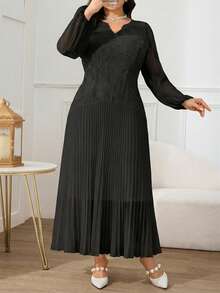 Modelyn 大码优雅派对纯色褶皱连衣裙 - 黑色 - 查看 4