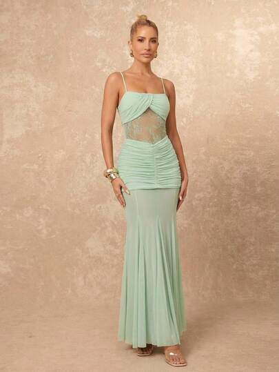 Lumalex New Elegant Sexy Solid Color Mint Green Lace Patchwork Pleated Sheer Tight-Fitting Suspenders Dress, Romantic Lace Corset-Style Waist Panel, Body-Contouring Fit & Elegant Feminine Silhouette Top, Spring/Summer, Elegant Romantic Outfits, Gala Night, Looks Of Party, Fall New Style Women, Luxury Top For Party, Fashionable This Autumn Winter, Elegant Casual Outfit, Chic Autumn, Weekend Outfit, Glamour Dress, Spring Fall Work Style, Delicate Romance, Enchanted Romance Gown, Party Outfits, , Business Casual, Suitable For Parties, Dates, Going Out, Night Out, Weddings, Holiday, Vacation, Birthday, Dresses For Women, Valentine's Day Outfits, Beach Vacation Outfits