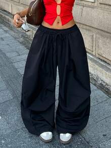 Coolane Pantalones largos de mujer de tela tejida negros con cintura con cordón - Negro - Ver 5