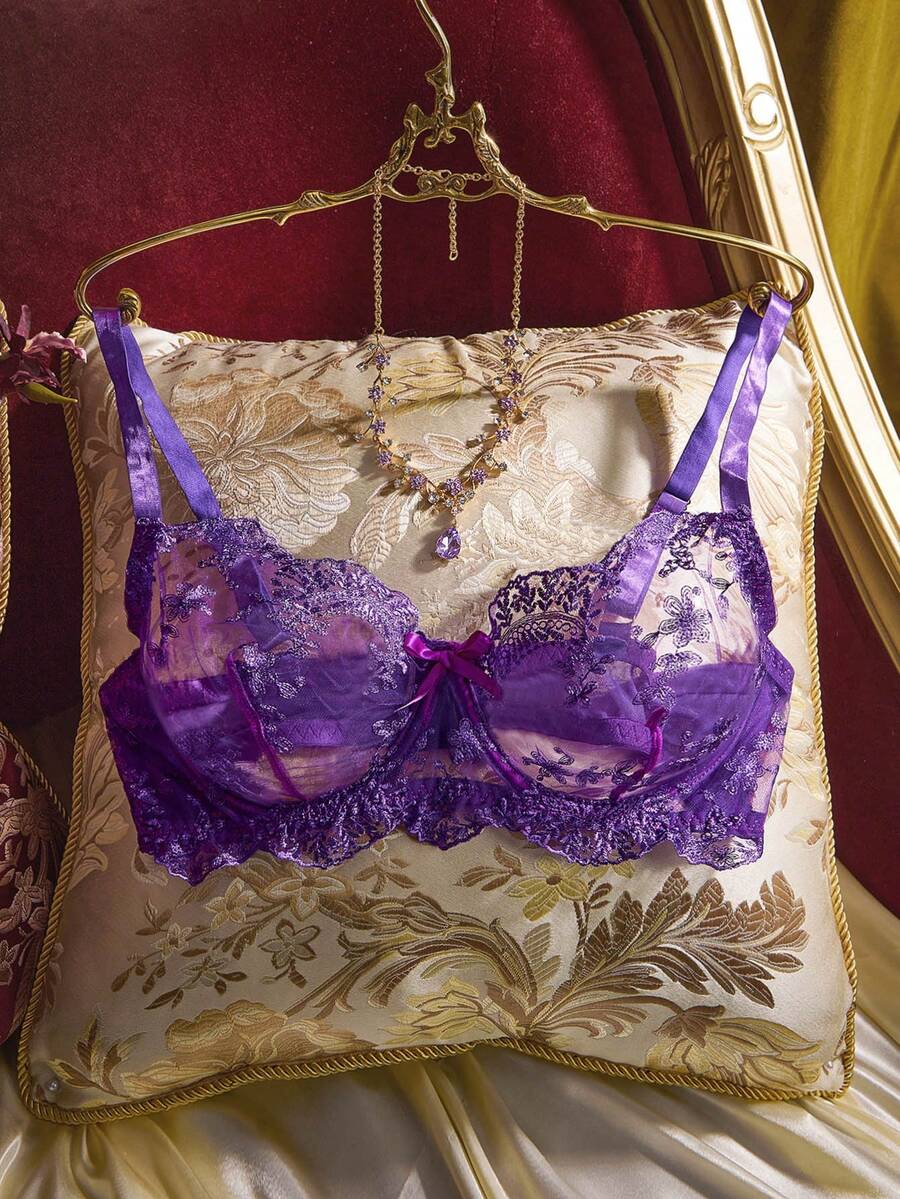 PinupPomp 1pc Purple Plus Size Women's Embroidered Underwire Sexy Bra - Purple - View 1