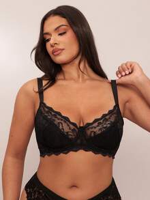 SHEIN BAE 1pc Women Plus Size Lace Patchwork Underwire Bra, Comfortable, Lift - Black - View 6
