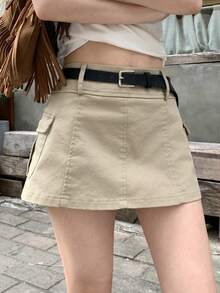 DAZY Women's Summer Casual Street Style Minimalist Solid Color Flap Pocket Skirt, Belt Not Included - Khaki - View 3
