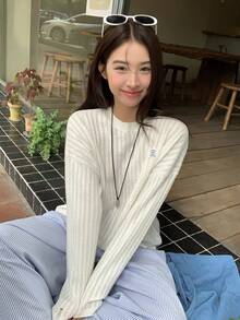 DAZY Women's Round Neck Sheer Long Sleeve Knit Top, Spring/Summer - White - View 5