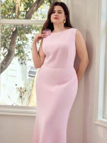 MOTF PREMIUM PLUS SIZE 3D FLORAL DECOR ELEGANT ROMANTIC BIAS CUT DRESS - Pink - View 6