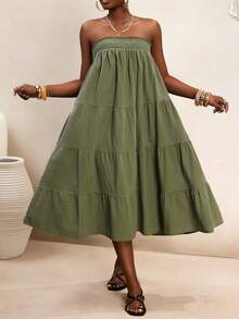 BamGleam Đầm cúp ngực không dây, xếp ly, chất liệu 100% cotton, kiểu boho, dáng suông, thoải mái, thích hợp cho đi biển, dự tiệc, mùa xuân/hè, dành cho nữ. - màu xanh lá - Xem 5