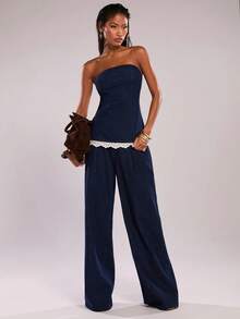 SHEIN BAE 女士撞色斜纹饰边抹胸上衣搭配阔腿牛仔裤休闲度假套装，适合春、夏、秋季穿着。 - 深色水洗藍 - 查看 4