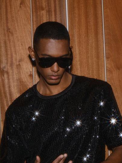 AKNOTIC Business Casual 男士休闲宽松串珠短袖亮片T恤，适合派对、朋友聚会，闪亮装扮，亮片衬衫，亮片上衣，亮片男士