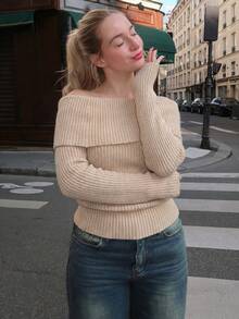 Turnttoni Y2K 秋冬女款法兰绒露肩毛衣 - 杏色 - 查看 5