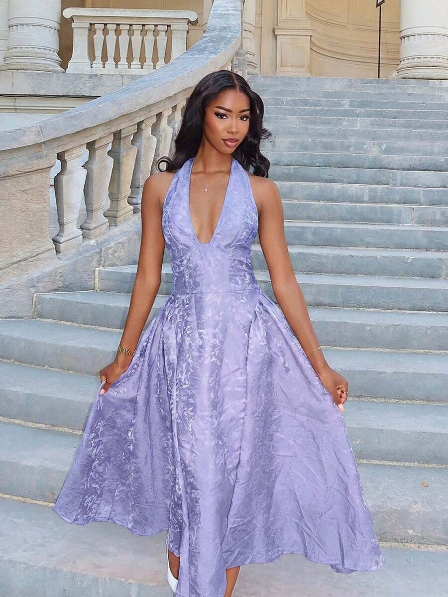 Mima John 复古3D压花花卉V领无袖喇叭裙女装 - 紫色 - 查看 1