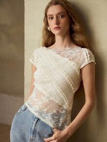 MOTF PREMIUM WOMEN'S LACE PATCHWORK ASYMMETRIC DESIGN LACE T-SHIRT, SPRING/SUMMER - Beige - View 1