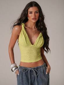 SHEIN BAE Damen Lässig Urlaubs Spaghetti-Träger Twist Taille Seitenschlitz Gerafftes grünes strukturiertes Camisole Top, geeignet für Strandurlaub, Schwester Lässig Urlaub, Musikfestival, Lässig Ausflüge, Alltagstragen - Grün - Übersicht 6
