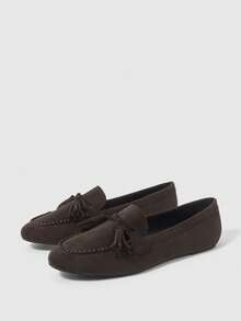 Sleekvia Giày lười nữ mũi tròn đế bằng da lộn màu đen thêu tua rua, giày slip-on thời trang thường ngày, đi làm và đi chơi, thích hợp cho dịp Giáng sinh. - màu nâu - Xem 10