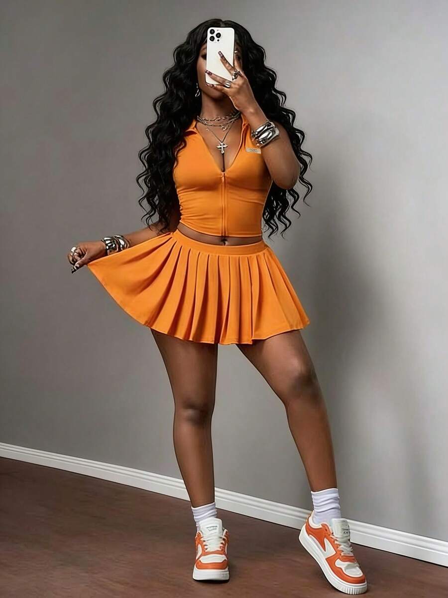 Slaydiva Bộ đồ mới mùa xuân sớm, lễ hội âm nhạc xuân hè, ngày lễ tình nhân, lễ Phục sinh, phong cách thường ngày, đơn giản và cơ bản, phong cách đường phố Y2K ngọt ngào, bán chạy nhất, hẹn hò hàng ngày, phong cách cô gái nóng bỏng, gợi cảm, phong cách thể thao và sành điệu, cổ đứng nhỏ, kiểu không tay có khóa kéo, eo, áo khoác cardigan xếp ly, áo + chân váy xếp ly, quần váy ngắn, bộ màu cam, bộ hai mảnh dành cho nữ -A