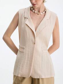 Aalyst Women's Spring/Summer Casual Sleeveless Linen-Look Lapel Collar Cinched Waist Vest Jacket, Suitable For Outings, Dates, New Year, Valentine's Day, Easter, Mother's Day, Middle Eastern Weddings, Elegant And Fashionable, Romantic Vacation - Khaki - View 4