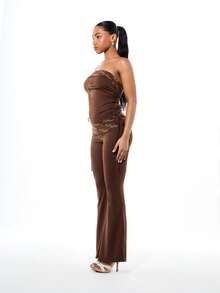 BABYPHAT Women's High Rise Fold Over Waist Printed Script Flare Bell Bottom Leggings With Tie Details - Brown - View 5