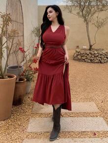 DAZY Women's Elegant Solid Color Tie V-Neck Sleeveless Mid-Length Dress, Summer,Wedding Guest Dress Women Sundress Cocktail Dress - Red - View 7