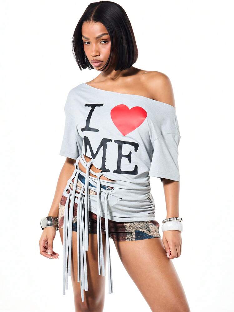 SUMWON WOMEN Women's Off Shoulder Fringe Detail Asymmetric I Love Me Graphic Oversized Draped Cut Out Top With Side Ties