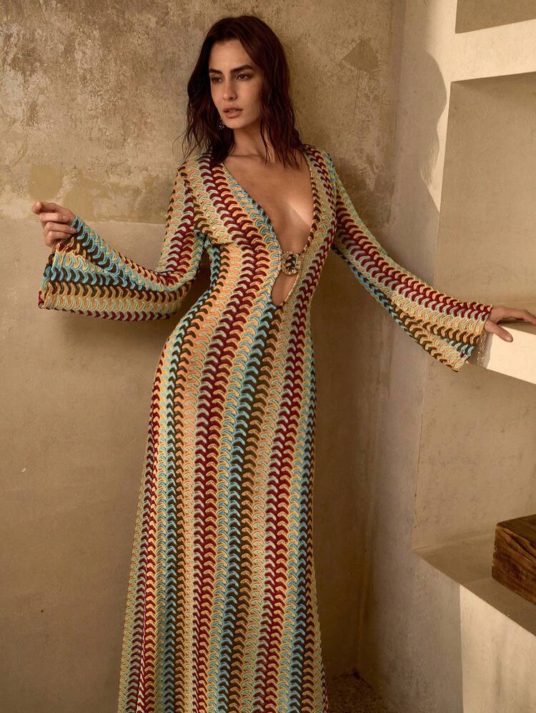 DEEP V-NECK DESIGN WITH METAL DECOR, FLARE SLEEVE, BOHEMIAN RELAXED ELEGANT WOMEN BEACH COVER UP DRESS, MULTI-COLOR STRIPED TEXTURED