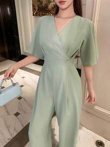 DAZY Jumpsuit Wanita Elegan Warna Polos Leher V Kaki Lebar, Jumpsuit Musim Panas untuk Wanita - Hijau - View 5