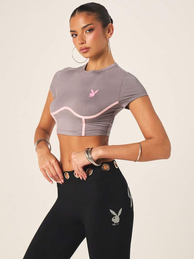 Missguided x Playboy Women's Grey Crop Top With Pink Piping Detail Short Sleeve Corset Style Fitted Tee Cropped T-Shirt