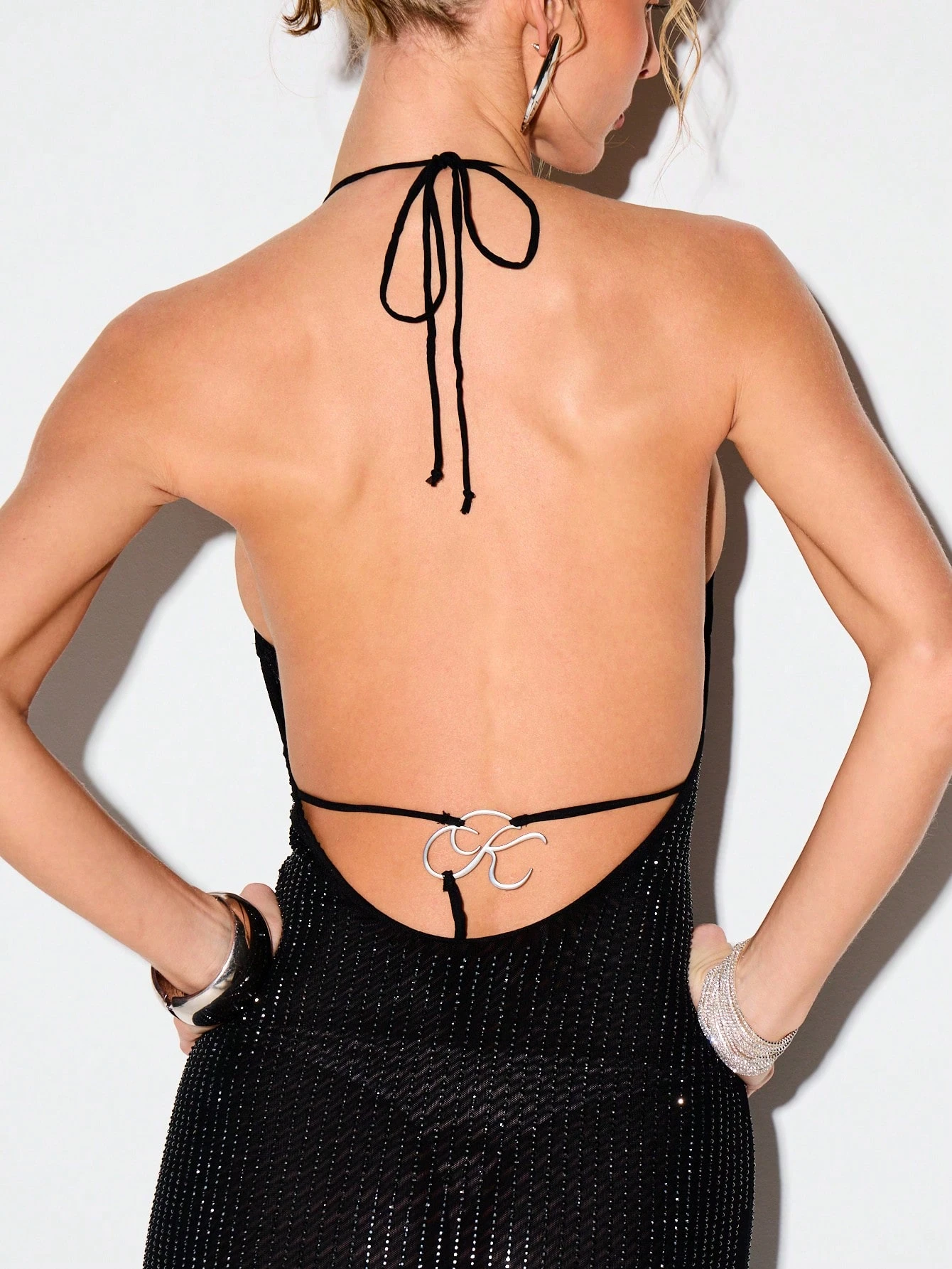 KIZN Sequin Halter Plunge Backless Maxi Dress