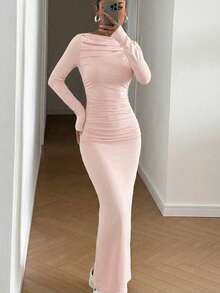 SHEIN EZwear 女士纯色褶皱长袖修身优雅连衣裙，浅粉色毕业礼服 - 淺粉色 - 查看 4