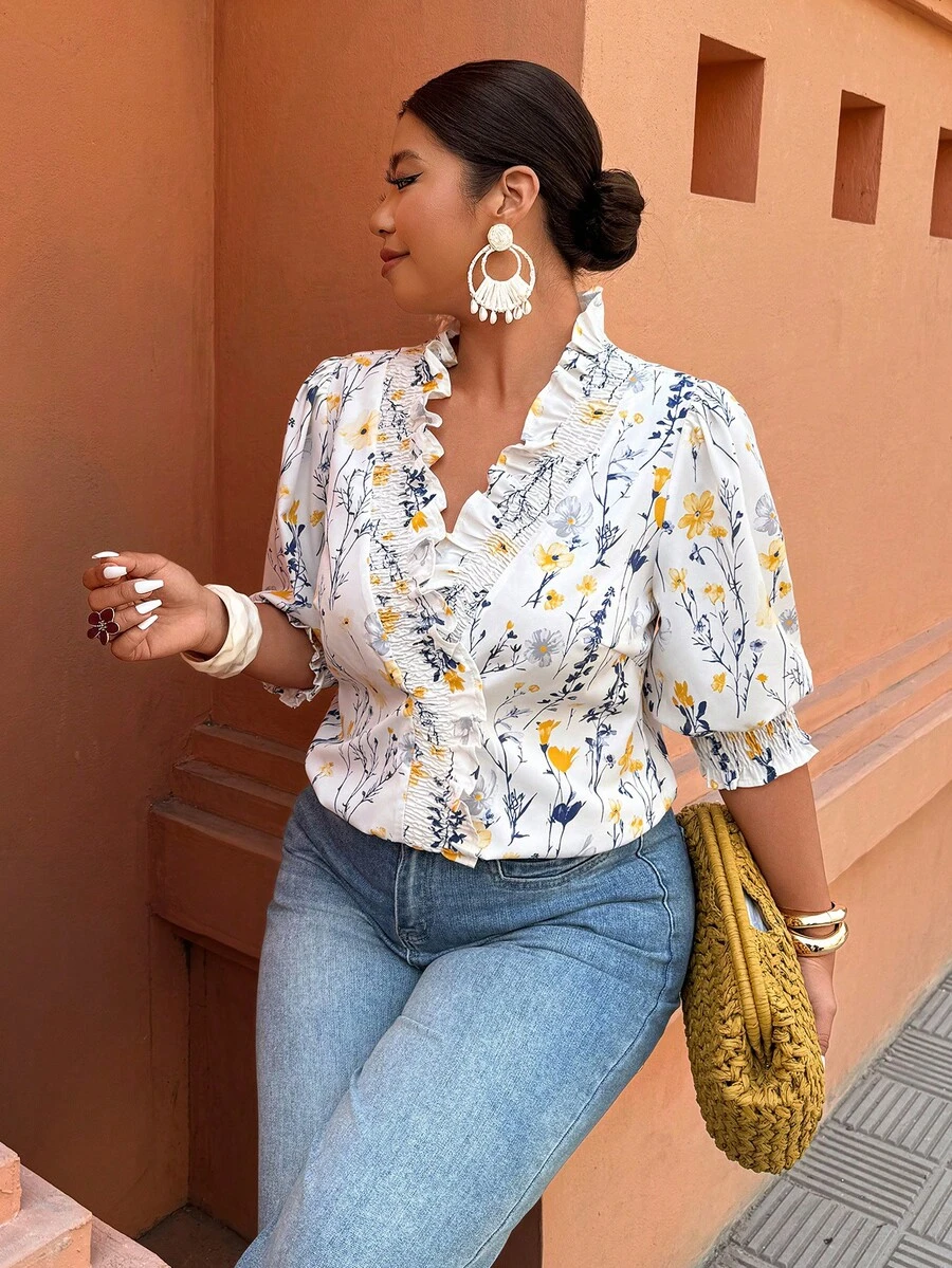 Breezaya Plus Size Women Spring/Summer Botanical Print Ruffle Hem Casual Vacation Shirt - Multicolor - View 1