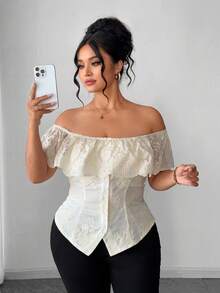 Elenzga Plus Size Women's Elegant White Summer Blouse,French Style Off Shoulder Ruffled Embroidered Lace Fitted Top For Vacation,Holiday,Parties,Weddings - Apricot - View 4