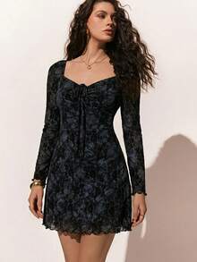 Poéselle Women's Casual Commuter All-Over Print Flare Sleeve Dress - Black - View 5