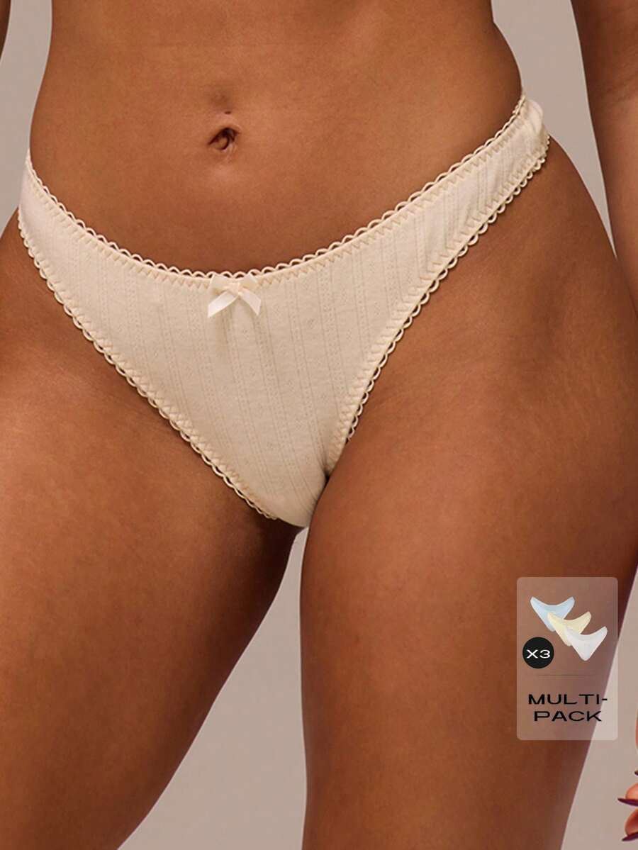 MUSERA Conjunto de lencería de 3 piezas con detalles de lazo, corte alto y tanga, de punto picot, lindo y sexy para uso en el hogar, esencial primaveral y veraniego - Multicolor - Ver 1
