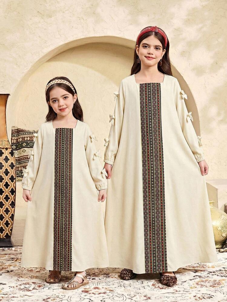 SHEIN Tween Girl Woven Solid Color Patchwork Striped Square Collar Bow Decor Long Sleeve Loose A-Line Maxi Dress, Suitable For Travel, Vacation, Countryside Style, , Casual Resort, Bohemian, Matching Sister & Daughter Outfits - Apricot - View 3
