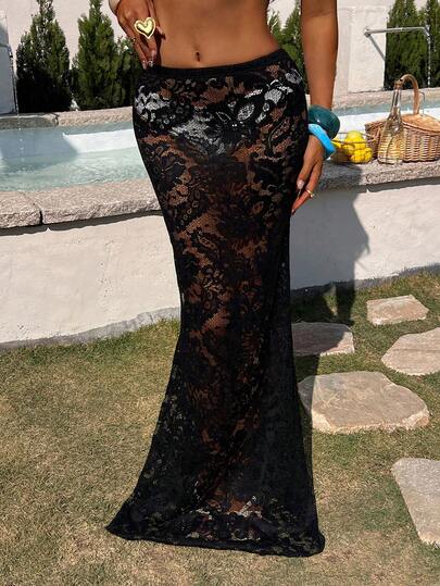 Opulessa Women's Lace Patchwork Casual Versatile Beach Cover-Up Skirt,Beach,Beach Outfits For Women,Beach Set,Going Out,Vacation,Vacation Outfits Women,Holiday,Summer,Summer Clothes,Summer Outfits For Women,Party ,Going Out,Going Out Outfits,Casual,Elegant,Y2k,Flower,Black,Black Skirt